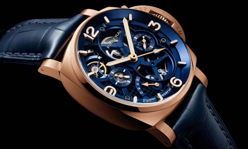 華麗撞色！紅金殼配鍍藍(lán)面｜Panerai Luminor陀飛輪兩地時間紅金腕表-PAM01060-復(fù)刻表