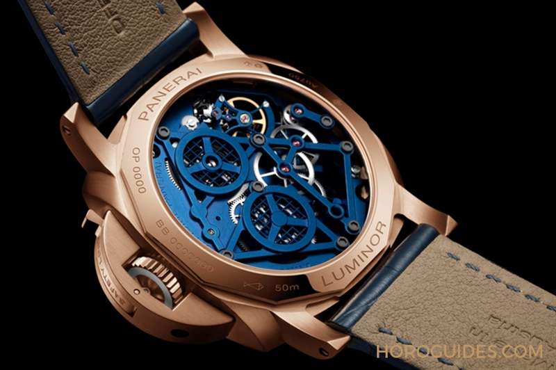 華麗撞色！紅金殼配鍍藍(lán)面｜Panerai Luminor陀飛輪兩地時間紅金腕表-PAM01060-復(fù)刻表