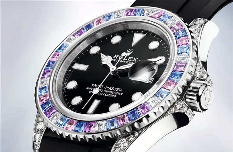 Rolex Yacht-Master彩虹圈手表表殼鑲上彩色寶石、鉆石低調(diào)奢華-復(fù)刻表