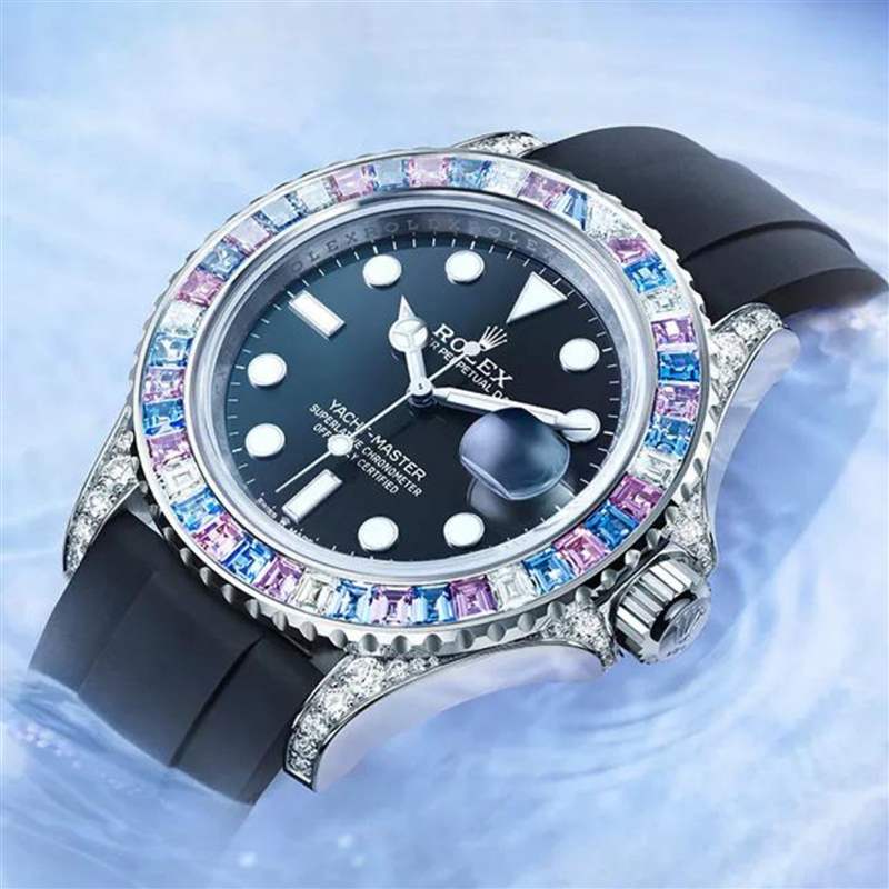 Rolex Yacht-Master彩虹圈手表表殼鑲上彩色寶石、鉆石低調(diào)奢華-復(fù)刻表