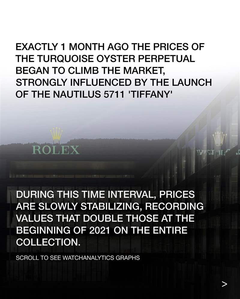 Rolex Oyster Perpetual綠松石面2022年後價格升破3萬歐元。(IG@watchanalytics) 勞力士Rolex停產OP系列部分手表最搶手41mm TIFFANY色表面已成歷史?-復刻表